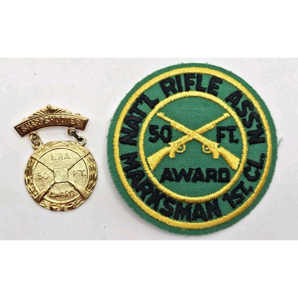 Vtg NRA Sharpshooter 50 FT Award Medal/Pin & Marksman Patch Nat'l Rifle Ass'n